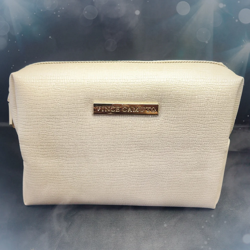 Vince Camuto Champagne Makeup Bag with 8 Piece Gold Handled Brush Set NIB